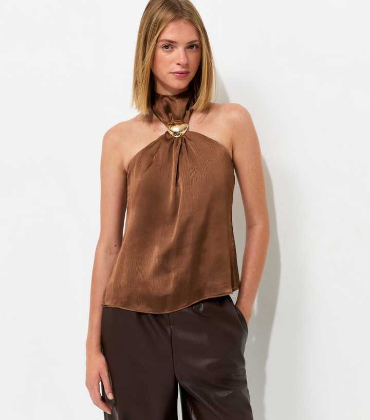 Dark Brown Textured Golden Hardware Trim Halter Neck Top