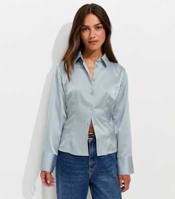 Petite Light Blue Satin Collared Shirt