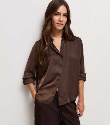 Petite Dark Brown Satin Long Sleeve Shirt