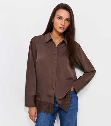 Dark Brown Lace Trim Longline Shirt
