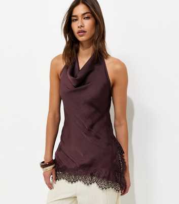 Dark Brown Satin Cowl Neck Lace Hem Halterneck Top
