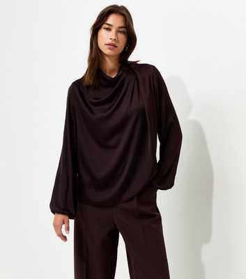 Dark Brown Satin Cowl Neck Long Sleeve Blouse