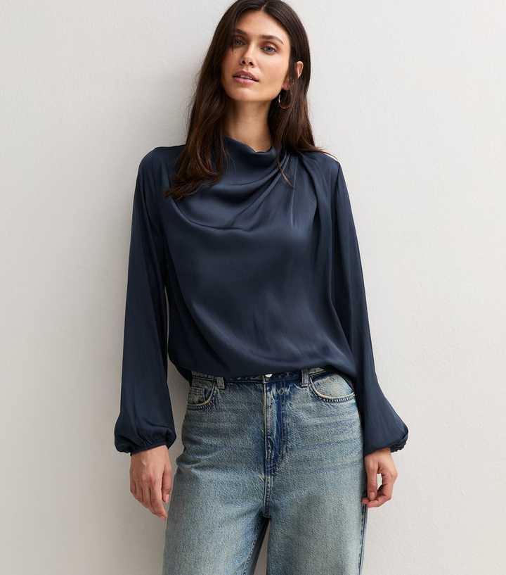 Navy Satin Cowl Neck Long Sleeve Blouse