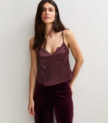 Dark Burgundy Satin Fitted Lace Trim Cami Top