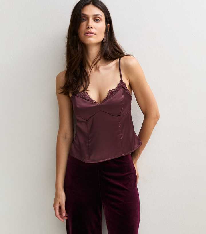 Dark Burgundy Satin Fitted Lace Trim Cami Top