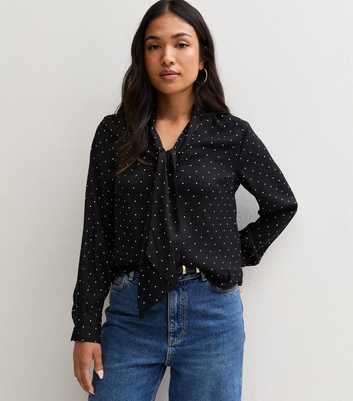 Petite Black Spot Print Scarf Collar Blouse