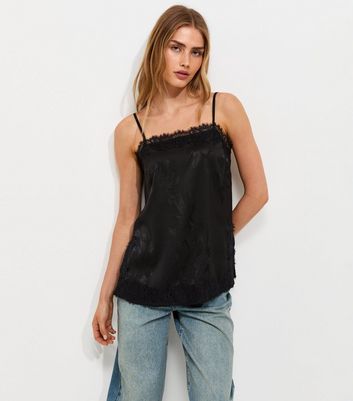 Black Floral Jacquard Lace Trim Longline Cami Top | New Look