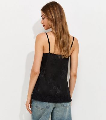 Black Floral Jacquard Lace Trim Longline Cami Top | New Look