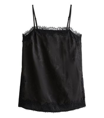 Black Floral Jacquard Lace Trim Longline Cami Top | New Look