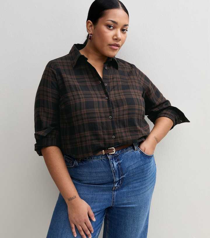 Curves Brown Cotton Rich Woven Check Long Sleeve Shirt