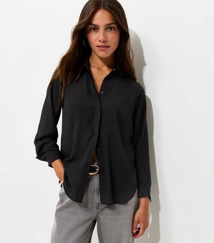 Petite Black Concealed Placket Long Sleeve Shirt