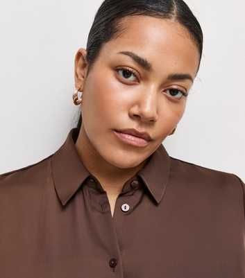 Curves Dark Brown Satin Long Sleeve Shirt