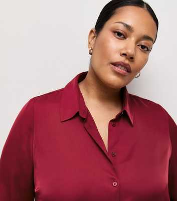 Curves Bright Red Satin Long Sleeve Shirt