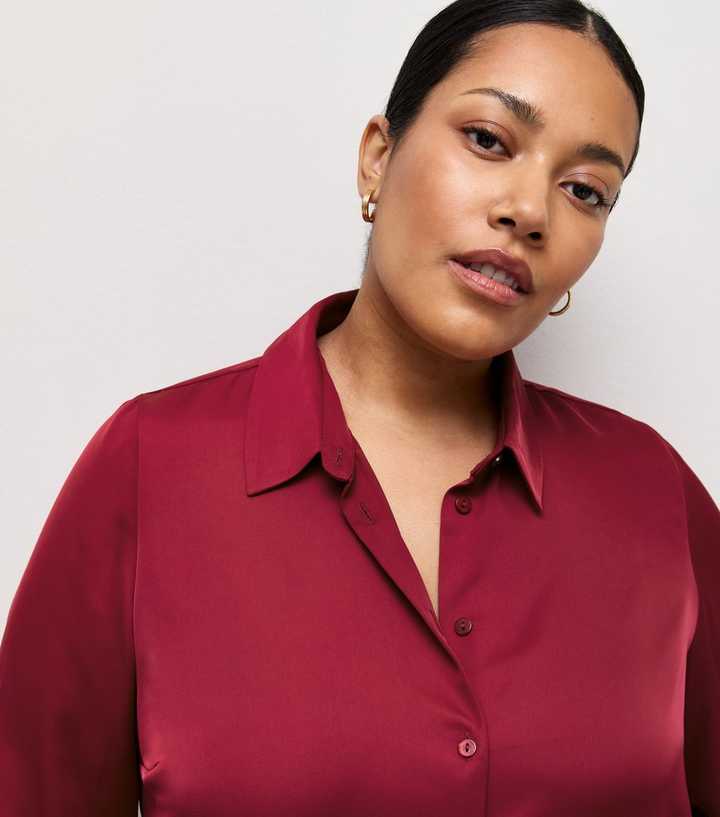 Curves Bright Red Satin Long Sleeve Shirt