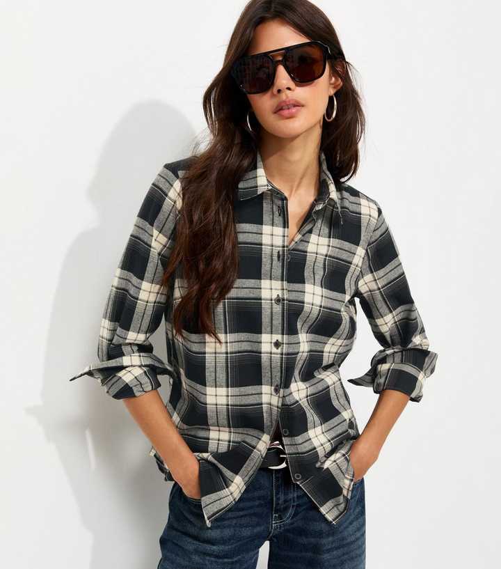 Black Cotton Monochrome Check Long Sleeve Shirt