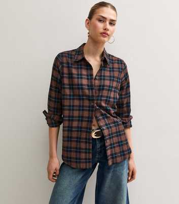 Brown Check Cotton Longline Shirt