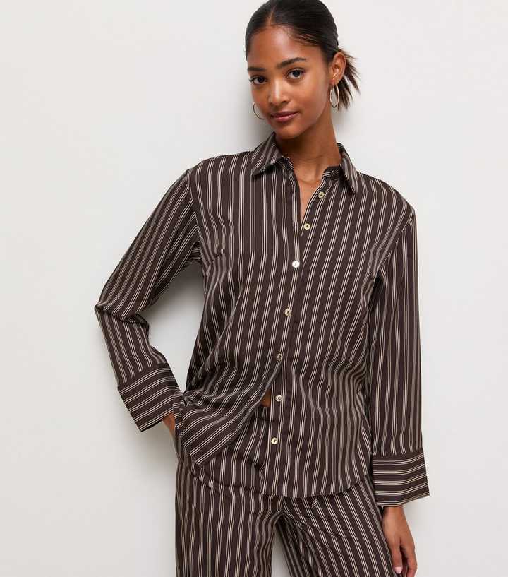 Brown Cotton Striped Oversized Shirt