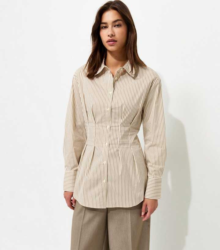 Cream Cotton Rich Striped Fitted Waist Shirt