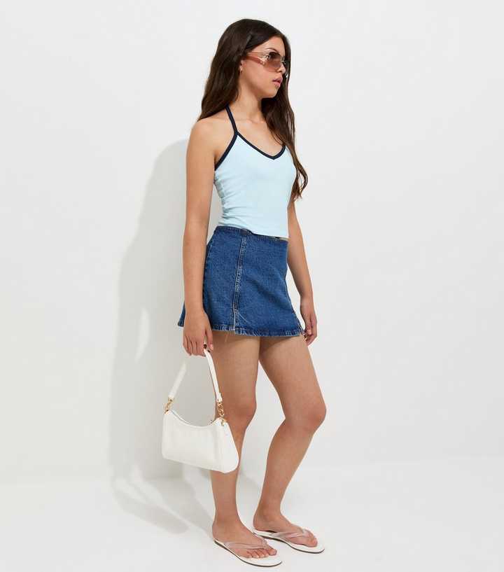 Girls Blue Cotton Rich Contrast Trim Halter Top