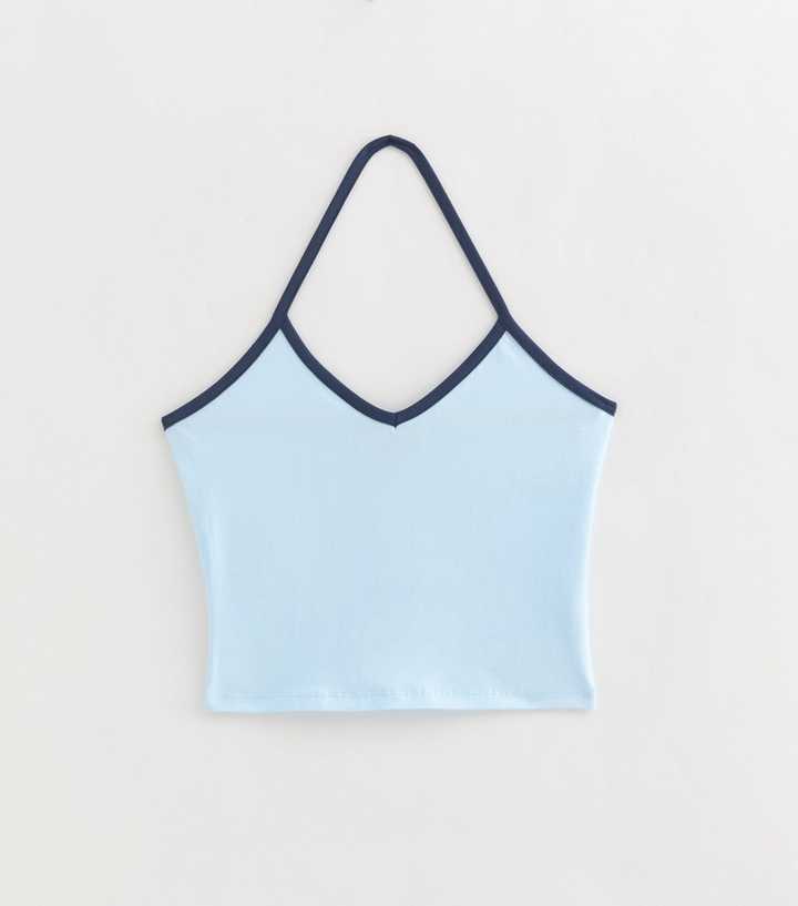 Girls Blue Cotton Rich Contrast Trim Halter Top