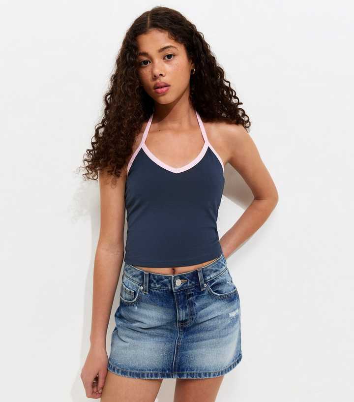 Girls Blue Cotton Rich Contrast Trim Halter Top