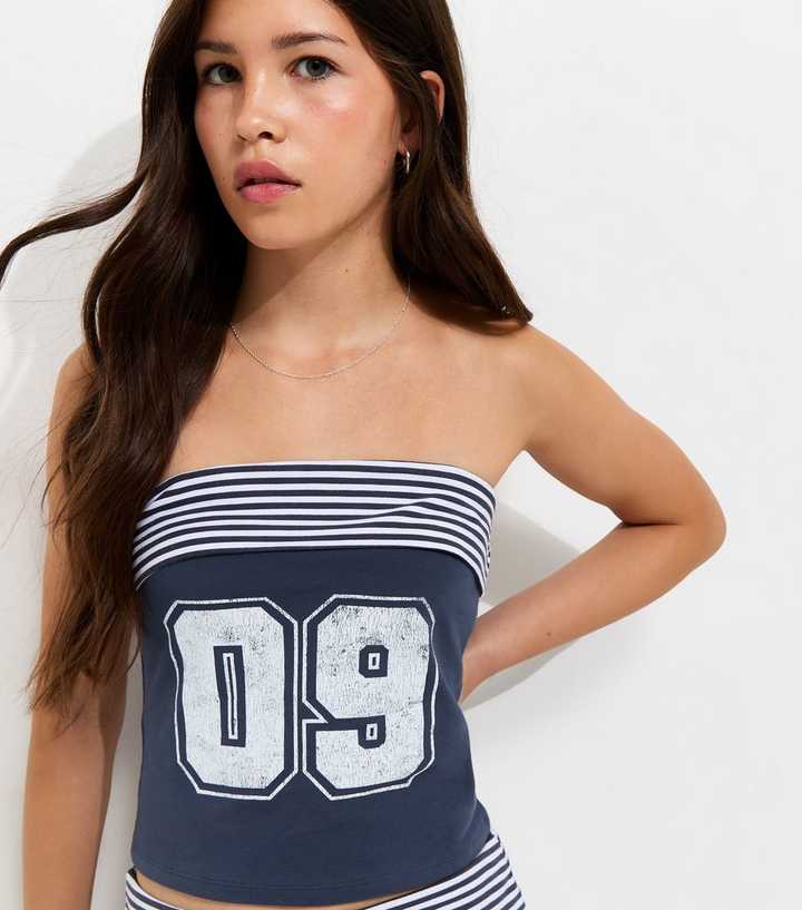 Girls Navy 09 Print Folded Trim Bandeau Top