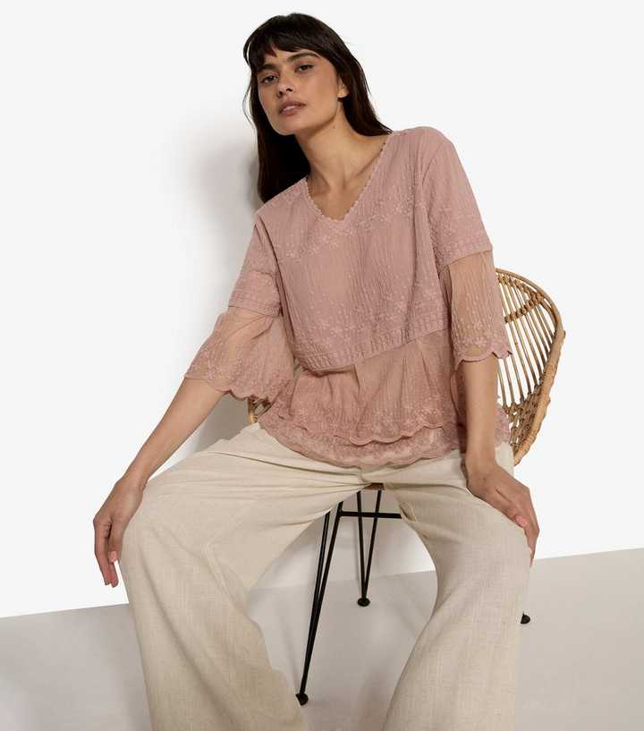 Apricot Light Pink Floral Embroidered Tiered Blouse