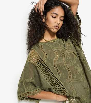 Apricot Dark Khaki Embroidered Crochet Knit Top