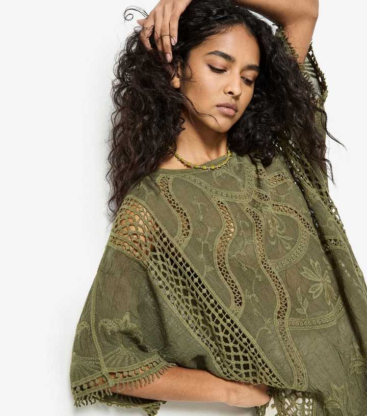 Apricot Dark Khaki Embroidered Crochet Knit Top