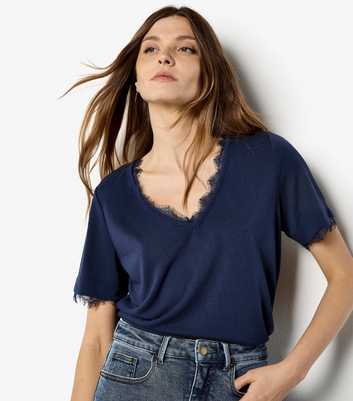 Apricot Navy Eyelash Lace Trim Slub T-Shirt