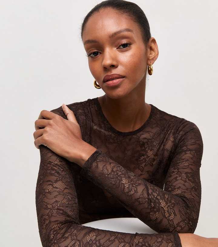 Dark Brown Semi Sheer Lace Long Sleeve Bodysuit