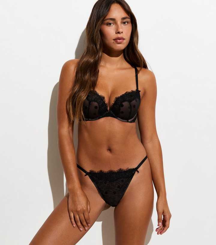 Black Spot Embroidered Eyelash Lace Push Up Bra