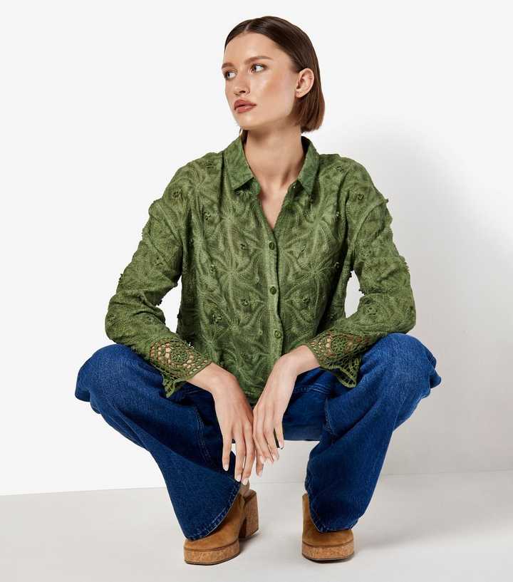 Apricot Dark Khaki Textured Floral Crochet Blouse