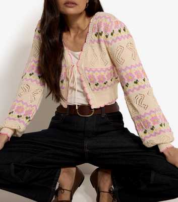 Apricot Stone Pointelle Knit Floral Pattern Cardigan