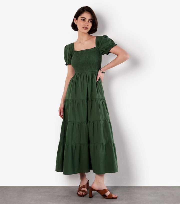 Apricot Dark Green Smocked Cotton Tiered Dress
