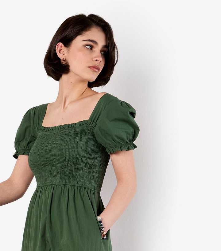 Apricot Dark Green Smocked Cotton Tiered Dress | New Look