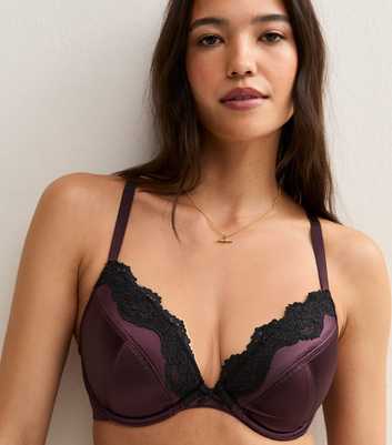 Dark Purple Satin & Lace Plunge DD Plus Bra