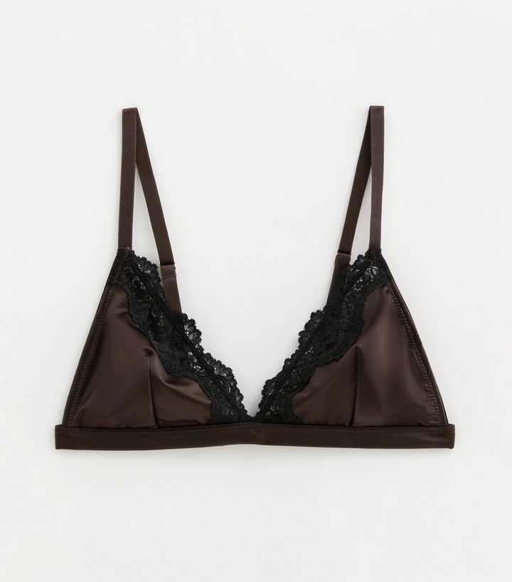 Dark Brown Satin and Lace Non Padded Triangle Bralette