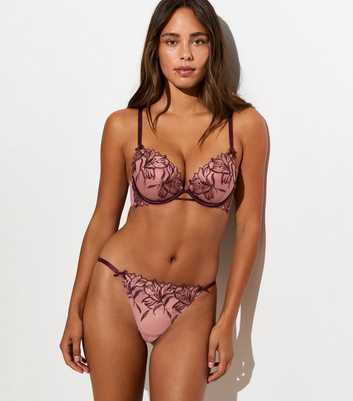 Pink Floral Applique Embroidered Thong