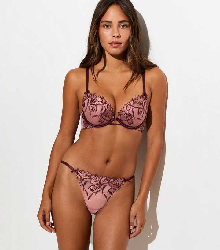 Pink Floral Applique Embroidered Thong