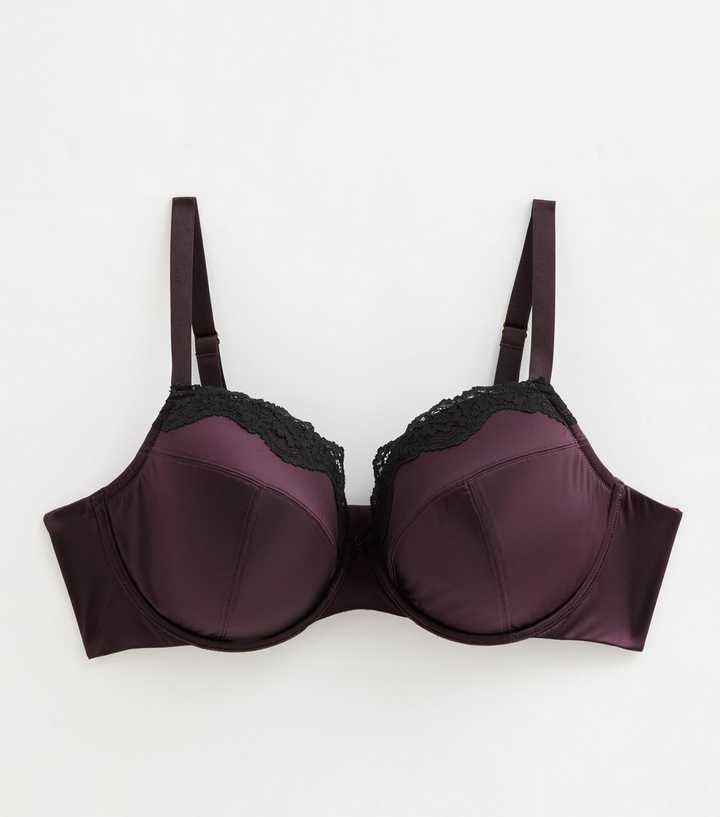 Curves Dark Purple Satin and Lace Plunge Bra