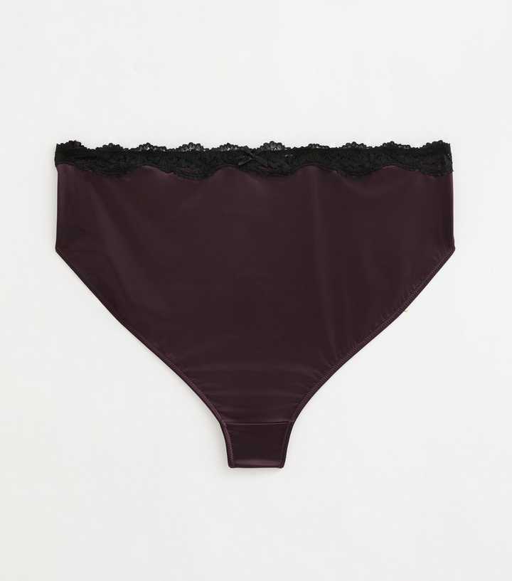 Curves Dark Purple Satin and Lace High Waist Thong