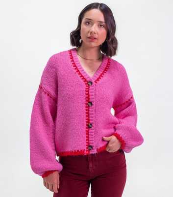 Sunshine Soul Pink Blanket Stitch V-Neck Cardigan