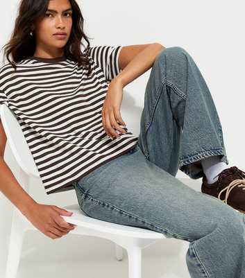 Brown Cotton Striped Boxy Crew Neck T-Shirt