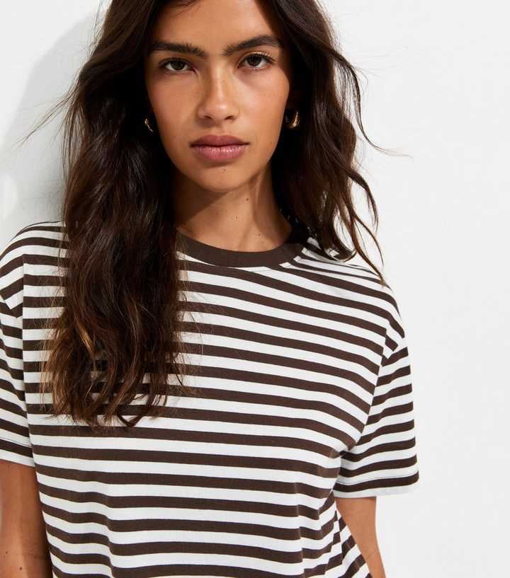 Brown Cotton Striped Boxy Crew Neck T-Shirt