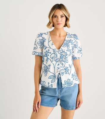 Gini London Blue Cotton Floral Print Puff Sleeve Top