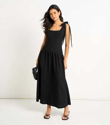 Gini London Black Linen Mix Waist Midi Dress