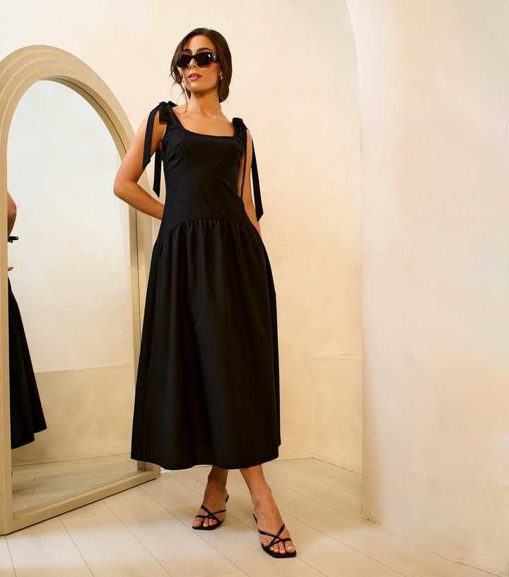 Gini London Black Linen Mix Waist Midi Dress