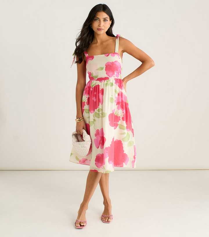 Gini London Pink Floral Tie Strap Midi Dress