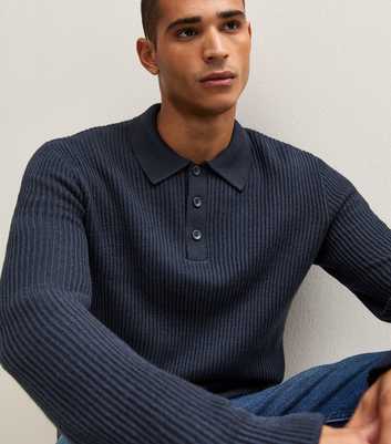 Jack & Jones Navy Ribbed Knit Polo Collar Jumper with Cotton
